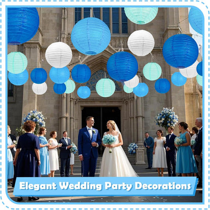 12Pcs Blue and White Paper Lanterns Assorted Sizes (6" 8" 10" 12") for Home Decor, Wedding, Birthday, Underwater Themed Party Decorations, Hanging Chinese Japanese Paper Lantern (3 Blue Colors)