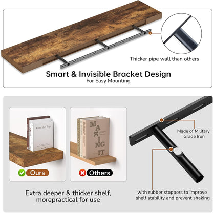 Floating Shelves - 10.23 Inch Deep Wall Shelf for Decor & Storage - Wall Mounted Display Shelving with Invisible Heavy-Duty Metal Bracket - 48" W x 10.23" D x 1.8" H - Set of 1 - Rustic Brown