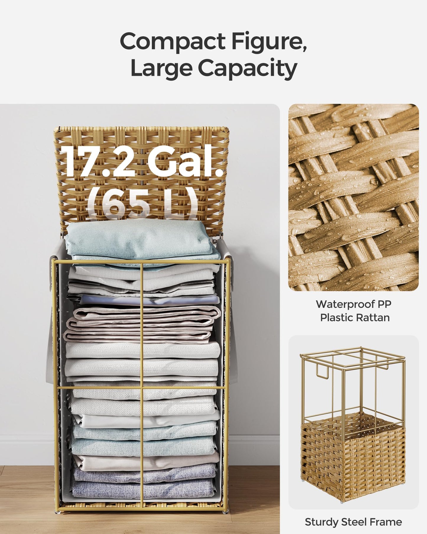 SONGMICS Laundry Hamper with Lid, 17.2 Gallon (65 L) Synthetic Rattan Clothes Laundry Basket with