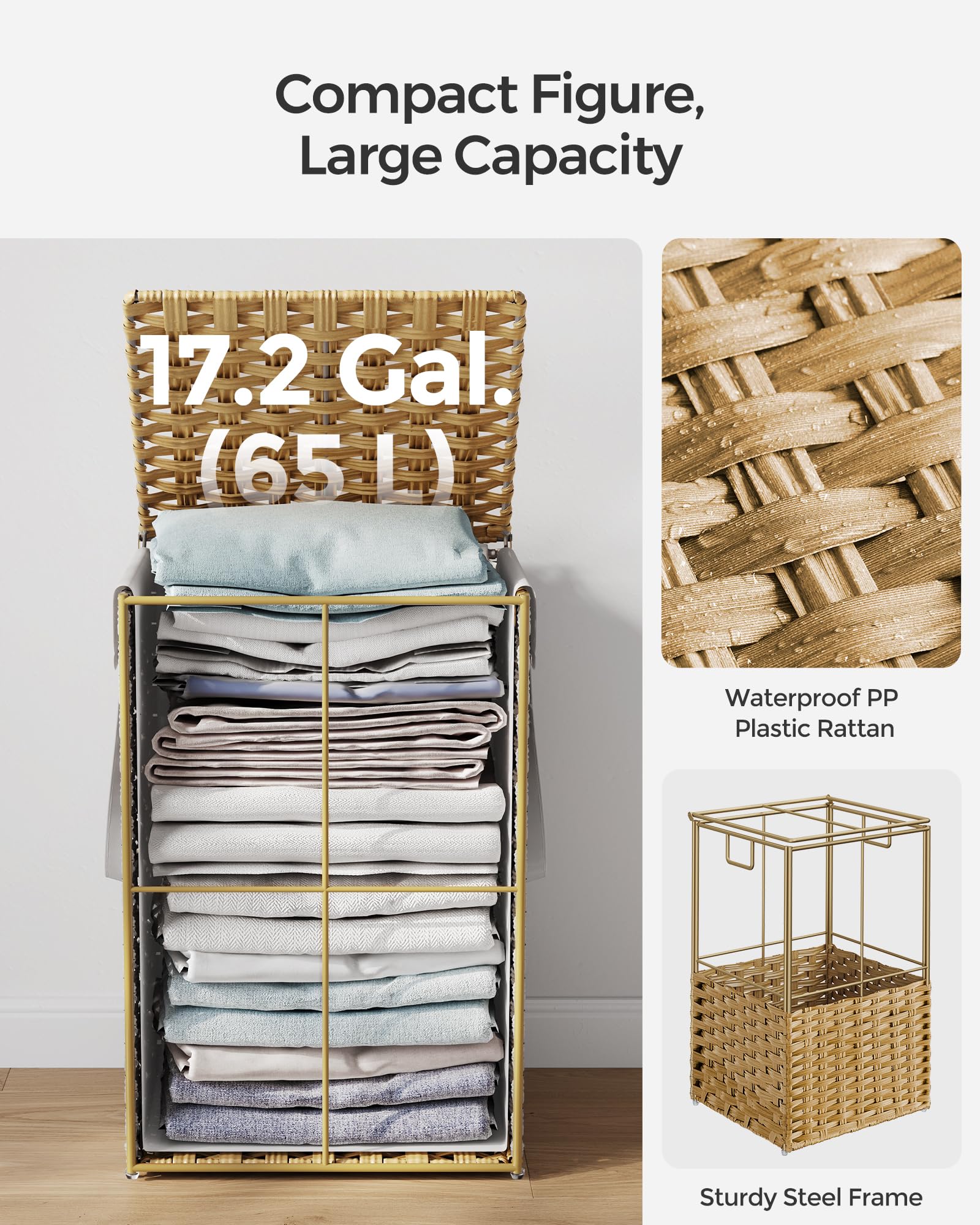 SONGMICS Laundry Hamper with Lid, 17.2 Gallon (65 L) Synthetic Rattan Clothes Laundry Basket with