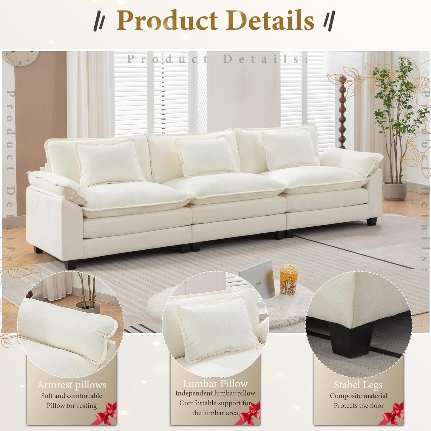 URRED Modular Sectional Sofa Comfy Cloud Couch, Modern Chenille Sofa Sleeper Deep Seat Couches with Ottoman/Pillows for Living Room (White, 117'')