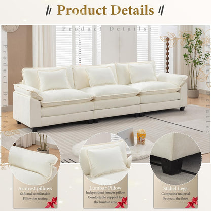 URRED Modular Sectional Sofa Comfy Cloud Couch, Modern Chenille Sofa Sleeper Deep Seat Couches with Ottoman/Pillows for Living Room (White, 117'')
