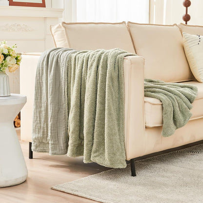 EMME Muslin and Fleece Queen Blanket Reversible - 80"*90" Sage Green Soft Warm Throw Blankets for Couch Bed Picnic Travel Bed
