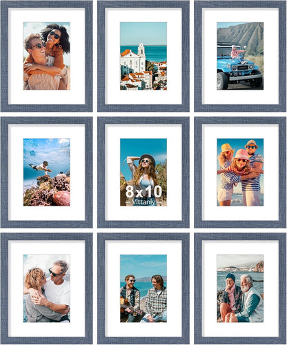 Vittanly 8x10 Picture Frames Set of 9, Shatter Resistant Plexiglass, Display 5x7 Pictures with Mat or 8x10 without Mat, Photo Frames for Wall or Tabletop, Engineered Wood, Navy