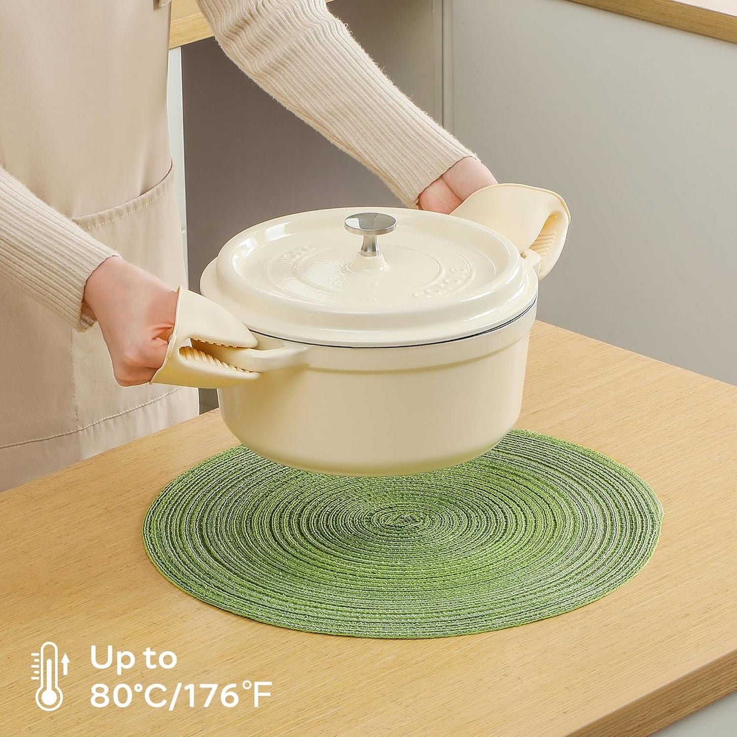 Leetaltree Round Placemats Heat and Slip Resistant Cotton Table Mats, Washable Bohemian Placemats for Dining Tables (Sage Green, Set of 8)