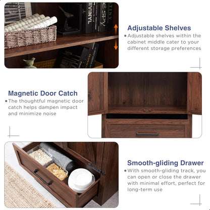 JXQTLINGMU Farmhouse Kitchen Pantry Cabinet - 72" Tall Wood Kitchen Storage Cabinets with Adjustable Shelves & 2 Barn Doors & Drawer, Versatile Storage for Dining Room, Bathroom, Rustic Brown