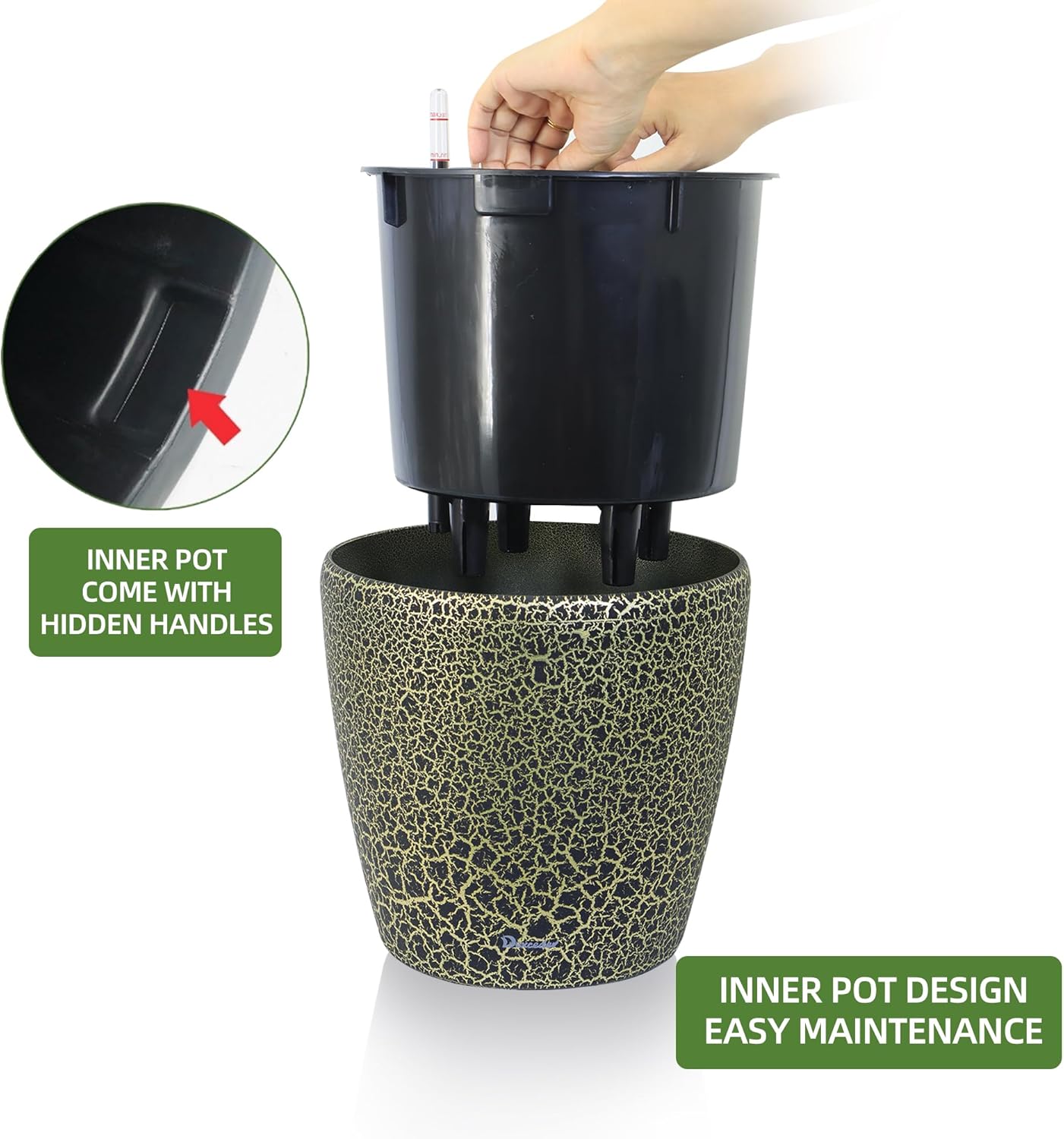 Dexceder 9x8 Inches Self Watering Planter Indoor Outdoor, Inner Pot Design, Thickened Table Flower Plant Pot with Water Level Indicator (Black Gold Crackle)