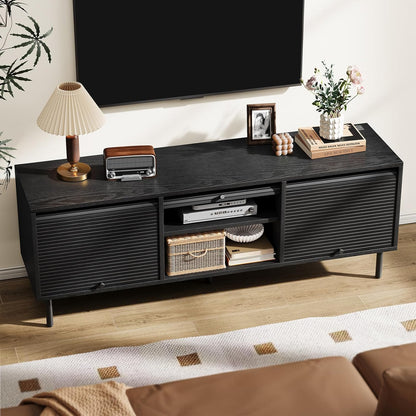 59 Inch TV Stand with Power Outlet for TVs up to 65 Inch, Entertainment Center with Storage, Mid-Century Modern TV Console, Adjustable Shelf & Sliding Doors, TV Stand for Living Room, Bedroom, Black