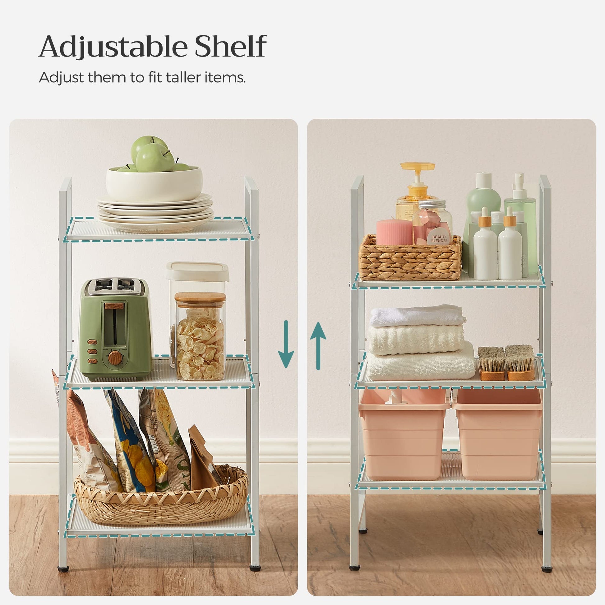 SONGMICS 3-Tier Storage Rack, Bathroom Shelf, Extendable Plant Stand with Adjustable Shelf, for