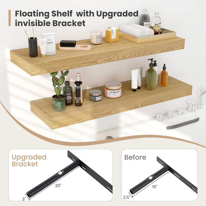 Heimlove 12" Deep Floating Shelves, 36 x 12 Inch Wall Mounted Long Floating Shelf with Invisible Brackets, for Home Decor, Bedroom, Kitchen, Living Room, Bathroom - 2 Pack, Oak
