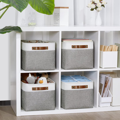 DULLEMELO Fabric Baskets for Storage, Office, Home,Nursery,Organizing Baskets for Shelves, Bedroom, Toys,Gift,Fabric Storage Basket with Handles(White&Grey,15"x11"x9.5",4-Pack)