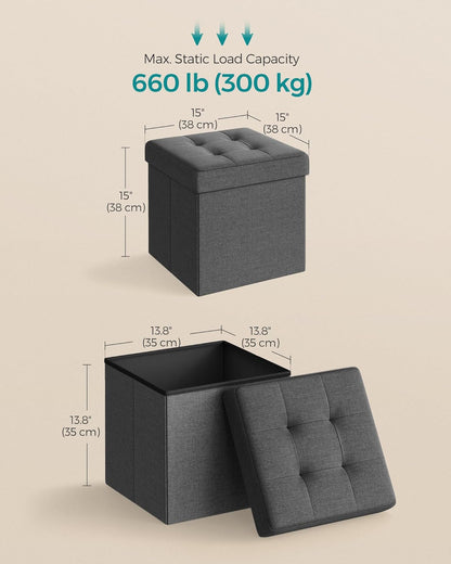 SONGMICS Folding Storage Ottoman Bench，38 x 38 x 38 cm， Ottoman Foot Rest, End of Bed Bench, Storage Chest, Load 300 kg, for Living Room, Bedroom, Entryway, Dorm, Dark Gray ULSF27Z