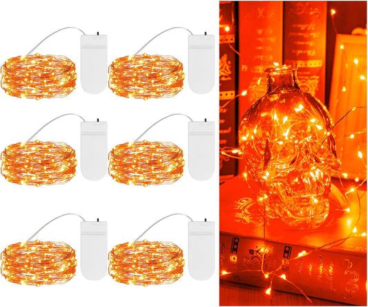 TingMiao Halloween Orange Fairy Lights Battery Operate,7.2ft 20 LEDs String Lights Silver Copper Wire for Hallowen Christmas DIY Decoration Wedding Party (6 Pack)