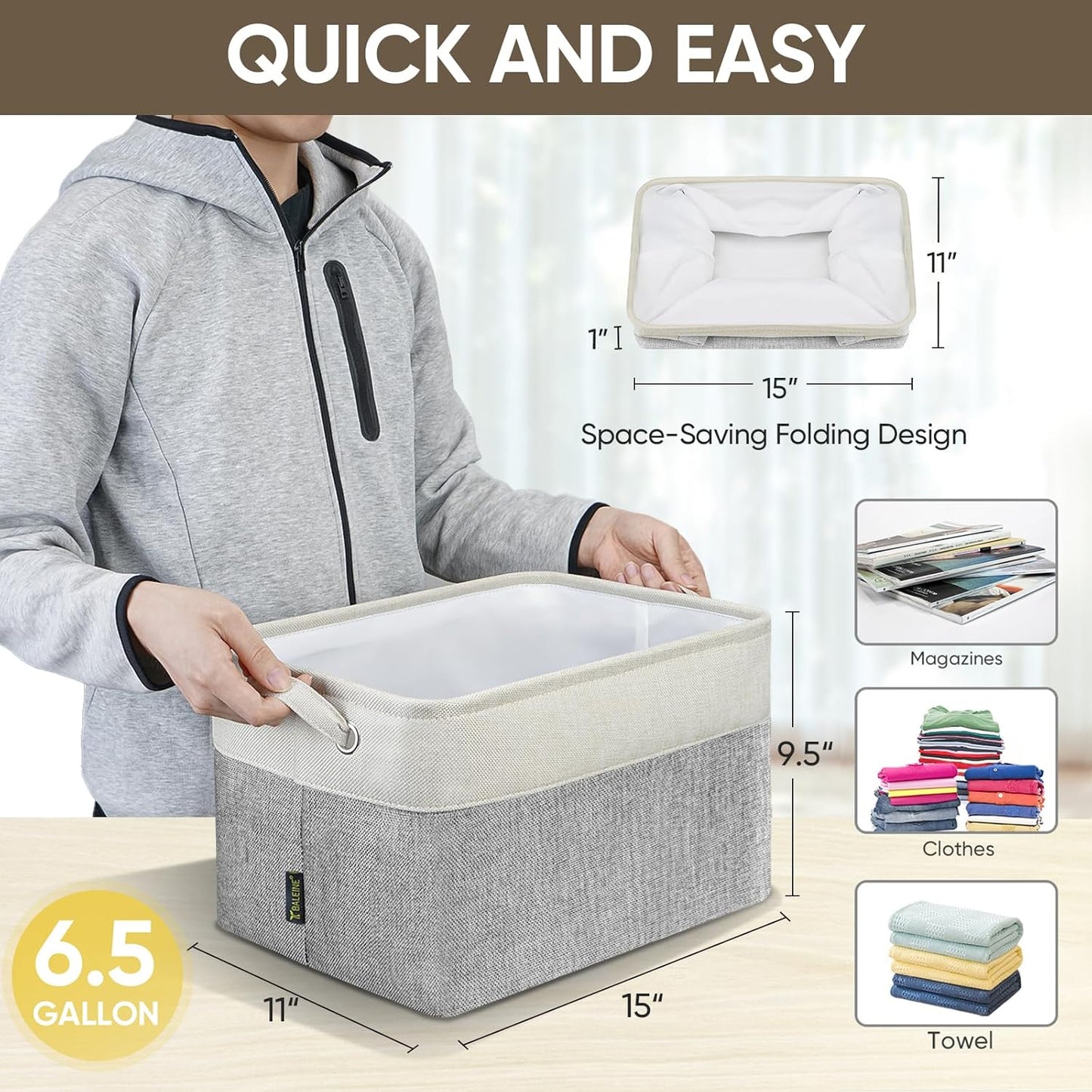 BALEINE 2 Pack Fabric Storage Bins for Shelves, Linen Storage Baskets for Organizing, Decorative Closet Bins for Clothes, Home (Grey, 15"x11"x9.5")