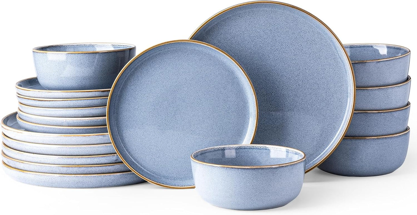 GBHOME Ceramic Dinnerware Sets for 6, 18 Pieces Stoneware Plates and Bowls Sets, Scratch Resistant Dish Sets for Dinner, Dishwasher & Microwave Safe, Brunnera Blue