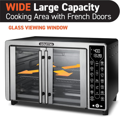 Gourmia Toaster Oven Air Fryer Combo 17 cooking presets 1700W french door digital air fryer oven 24L capacity accessories, convection rack, baking pan tray recipe book GTF7655,Large,Stainless Steel
