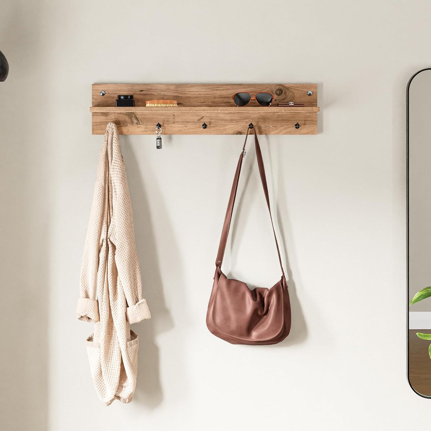 Modern Wall-Mounted Coat Rack with Shelf and Hooks - Wooden Entryway Organizer (Brown)
