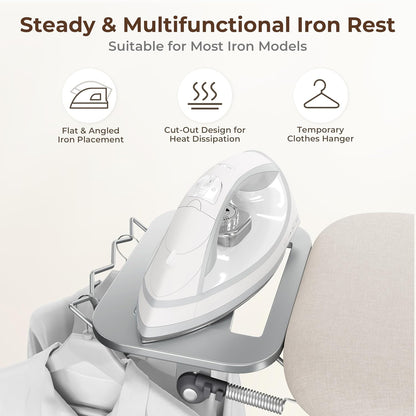 Yaheetech Ironing Board, Compact Iron Board with Cord Holder, Steam Iron Rest and Bottom Storage Tray, 9 Adjustable Heights & 3 Layer Cover, Folding Heavy Duty Ironing Board 52X14, Beige