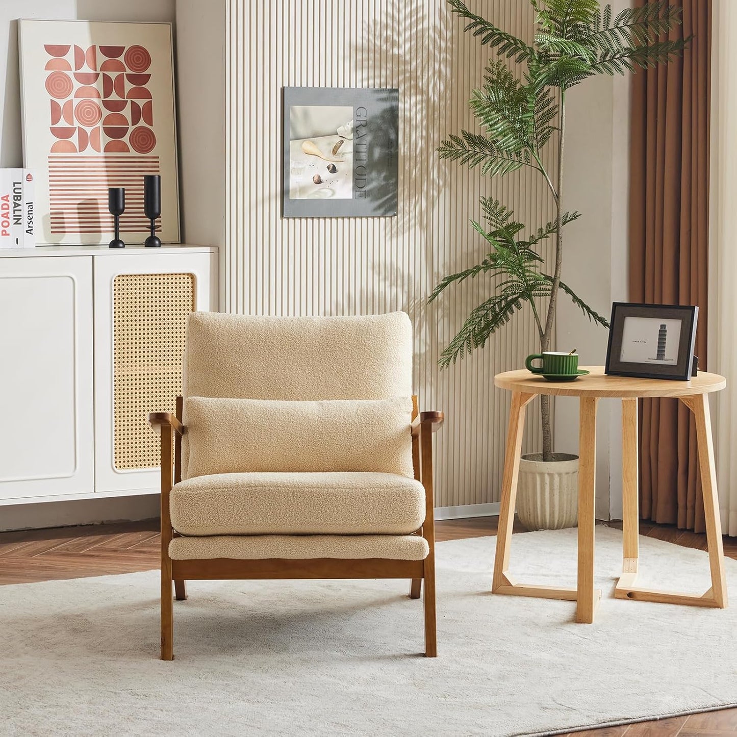 Karl home Accent Chair Wide Armrest Mid-Century Lounge Chair Teddy Fleece Armchair with Lumbar Pillow & Solid Wood Frame for Living Room, Bedroom, Balcony, Khaki