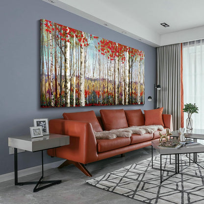 Canvas Wall Art for Living Room Bedroom Modern Wall Decor of Red Leaves White Birch Tree Forest Painting Artwork Wall Decoration 29x58 Large Size with Wood Framed Easy to Hang for Home