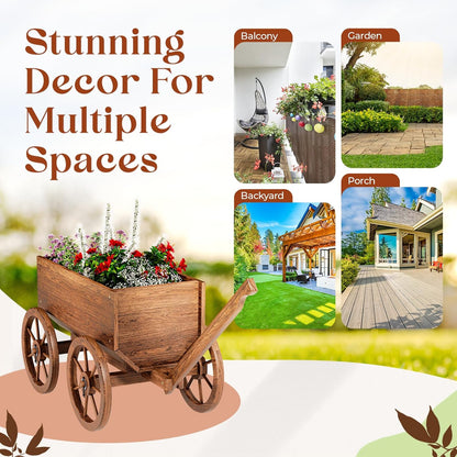 Wood Wagon Planter for Outdoor Balcony Decor - Garden Rustic Wooden Flower Cart with Wheels for Outside - Garden Decor - Amish Decorative Indoor - Wheelbarrow Planter for Patio