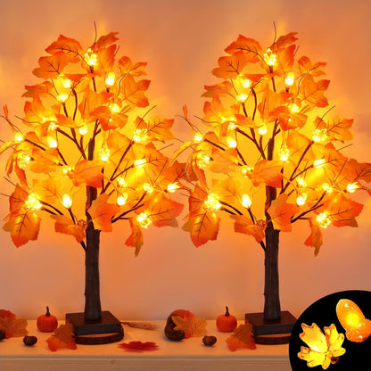 2 Pack 24 Inch Prelit Fall Maple Tree Fall Decor with 48 LED Timer Battery Operated Artificial Fall Light Up Tree Pumpkin Maple Acorn for Fall Thanksgiving Decorations Table Home Indoor Autumn Harvest