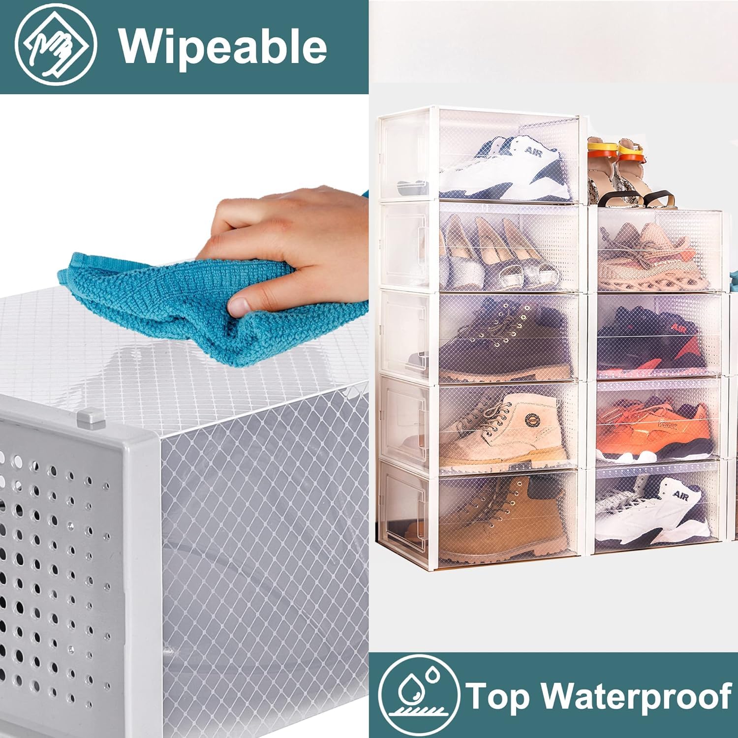 WAYTRIM 12 Pack Foldable Stackable Storage Shoe Box Sneaker Storage Box, Stackable Storage Bins