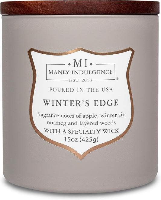 Manly Indulgence Winters Edge Scented Candles for Men, 15 oz Wooden Wick, Premium Soy Blend Wax
