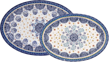 Bico Blue Talavera 16 plus 14 inch Oval Platters Set, Set of 2, Microwave and Dishwasher Safe, for Serving Fish, Chicken, Turkey