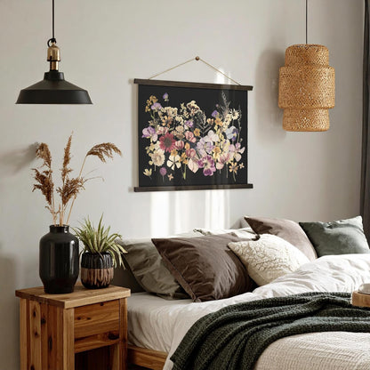 American Art Decor Framed Dried Flowers Tapestry Wall Art - Botanical Print with Blue, Yellow & Pink Blooms