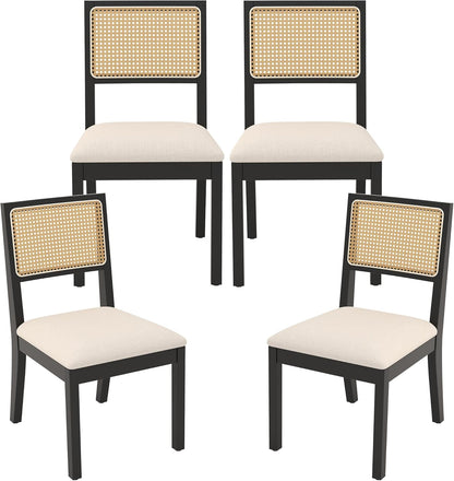 Westice Rattan Dining Chairs Set of 4, Farmhouse Natural Dining Room Chairs with Upholstered Cushion, Wood Armless Chairs for Kitchen/Restaurant, Black