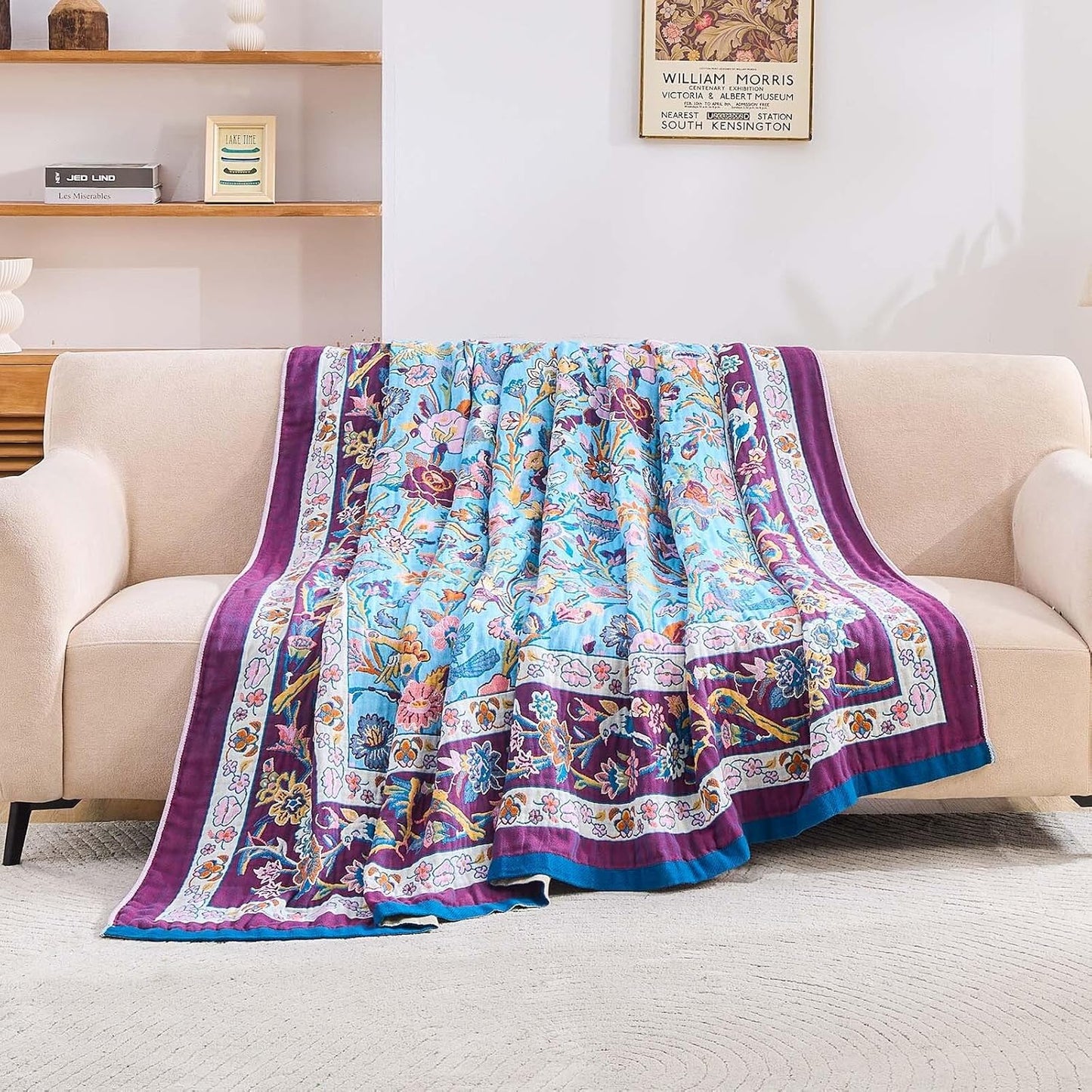 Fall Blanket for Bed, 100% Cotton Soft Rustic Boho Throw Blanket Quilt, 80"x90" Farmhouse Decor Bed Flower Blankets, Light Weight Reversible Bohemian Throw Quilt