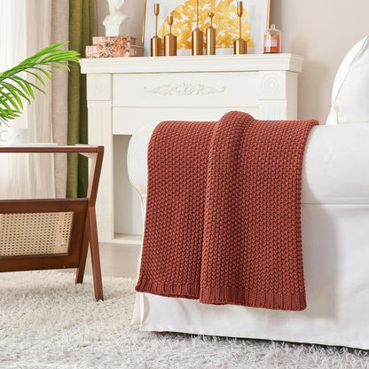 Longhui bedding Chunky Cable Knit Throw Blanket Lightweight Rust 100% Organic Cotton Blanket for Sofa Couch Bed Baby Nursery, Rustic Shabby Chic Modern Farmhouse, 60” x 80” Give Laundering Bag