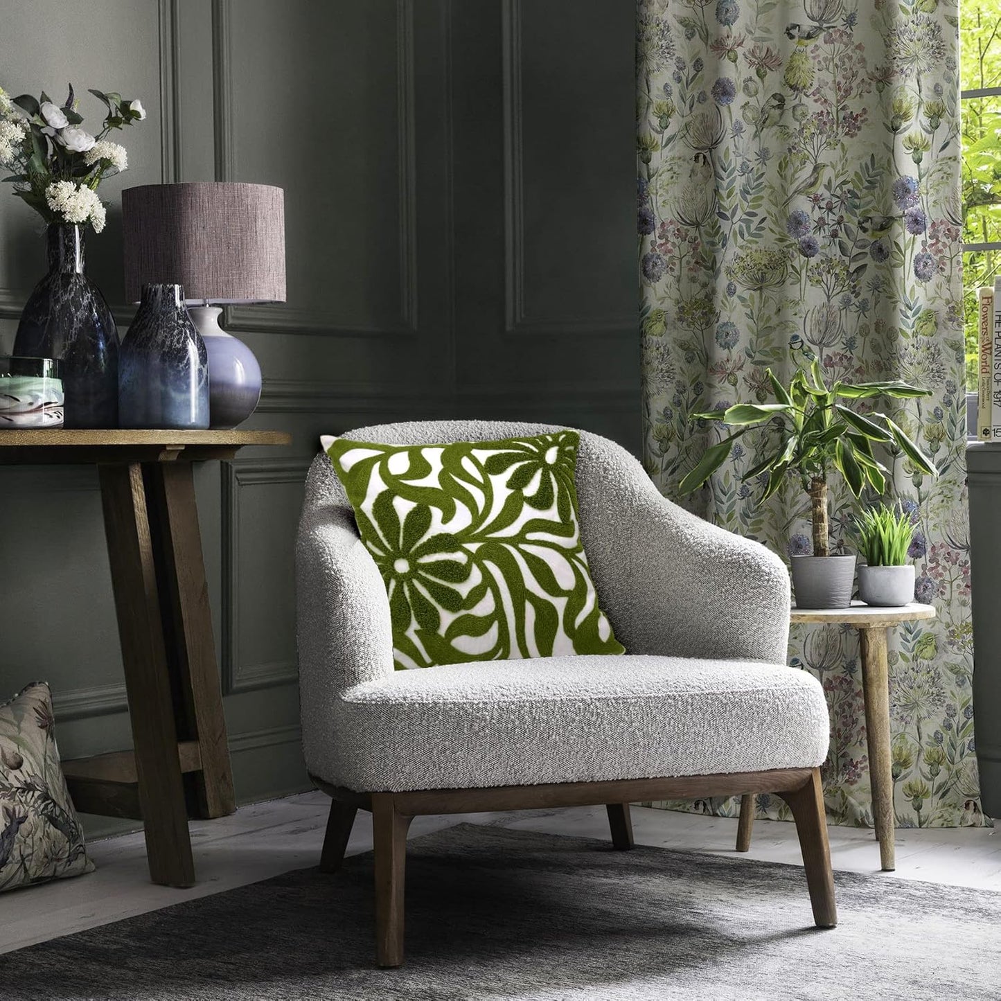 Alysheer Farmhouse Floral Leaves Embroidered Decorative Throw Pillow Cover 18x18 inches, Boho Tufted Flowers Embroidery Pattern Chic Cotton Cushion Case for Couch Bed Sofa Living Room(Olive Green)