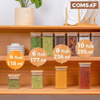 ComSaf 12Pcs Glass Spice Jars with Bamboo Lid, 4oz Airtight Square Spice Containers with 275 Black Lables, Empty Seasoning Jars for Spice Salt Sugar