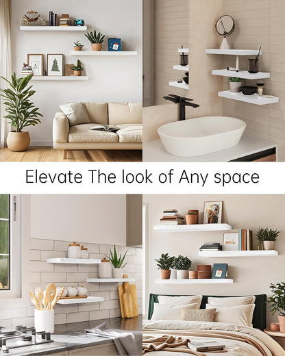 BAYKA Floating Shelves for Wall, 22.5 inches Wall Mounted Rustic Wood Shelves for Bathroom, Bedroom, Living Room, Floating Shelves for Books/Storage/Decor (White,Set of 3)