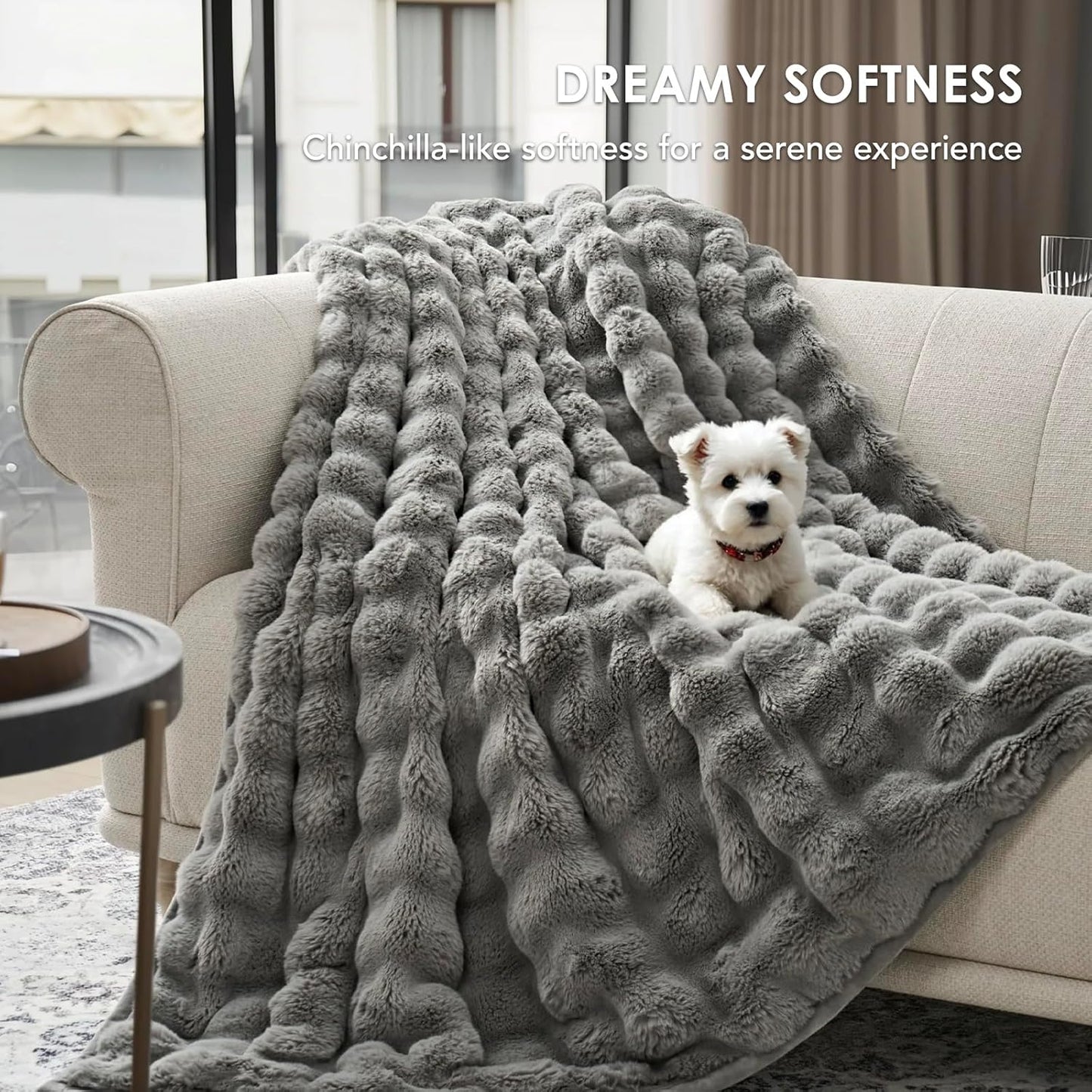 EVERGRACE Ultra Soft Luxury Fluffy Ridgeline Faux Rabbit Fur Throw Blanket, Thick Warm Bubble Throw for Bed, Cozy Plush Reversible Blankets for Couch, Chair, Sofa, Grey, 60x80 Inches, 870 GSM