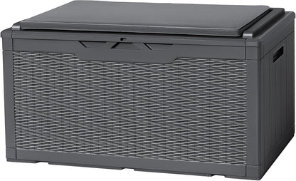 Flamaker Deck Box with Cushion 100 Gallon Waterproof Resin Storage Box with Air Rod Indoor Outdoor Lockable Storage Bench for Patio Furniture, Tools, Pool Accessories (Gray)