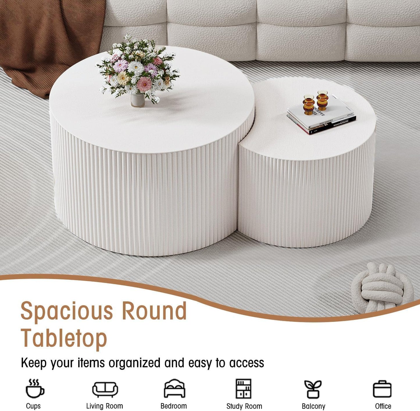 WXFKLDJ Round Nesting Coffee Table Set Cylindrical Wooden Coffee Table Sofa Center Table Circle Embossed Design Side Table for Living Room Apartment No Assembly (C-Shaped Small)