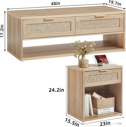 LEYAOYAO Boho Rattan Coffee Table Sets 2 Pieces, Nightstand with Charging Station and Coffee Table with Hidden Storage Compartment, Natural Living Room Table Set, Wood Furniture Sets for Home Office