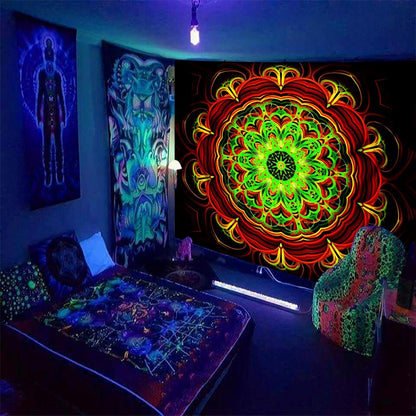 Blacklight Mandala Tapestry Wall Hanging, Psychedelic Black Light Posters for Adults and Teens, UV Reactive Aesthetic Golden Art for Bedroom (60 x 50 Inches)