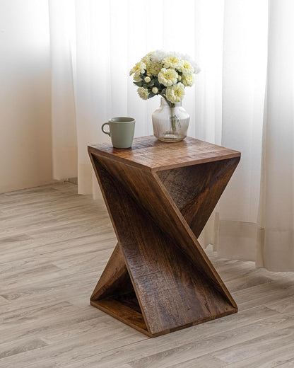 Modern Hand Made One-of-a-Kind Carved Mango Wood End Table, Farmhouse Side Table,Farmhouse End Table,Living Room,Bedroom, Accent Table, Contemporary Architectural Designed Natural