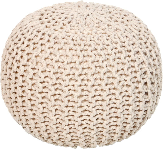 REDEARTH Round Pouf Ottoman - Cable Knitted Boho Poof - Home Décor Cord Pouffe Handmade Circular Footrest for Living Room - Bedroom - Kids Bedroom - 100% Cotton Pouf (18" x 18" x 14") - Ivory