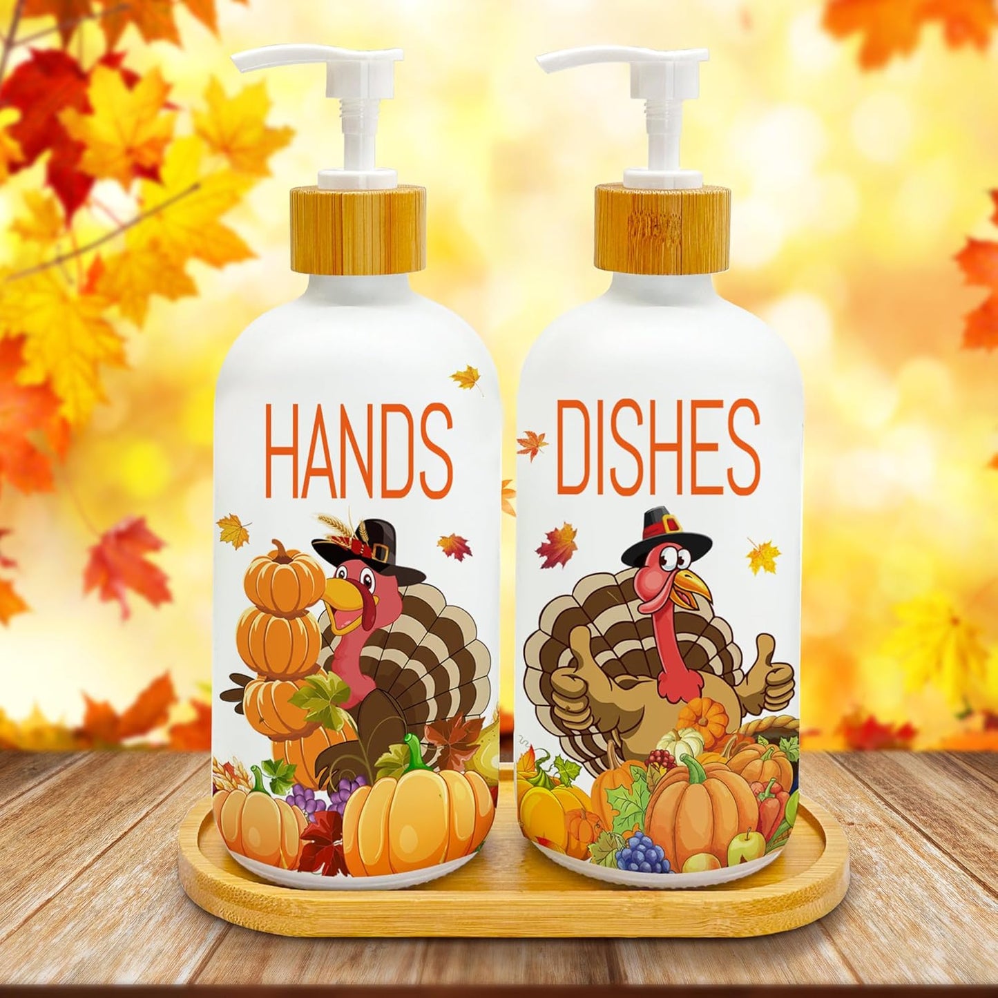 Hexagram Thanksgiving Decorations Indoor, Thanksgiving Kitchen Soap Dispenser Set of 2, Turkey Glass Soap Dispenser for Home Decor, Turkey Refillable Lotion Essential Oil Dispensers with Pump