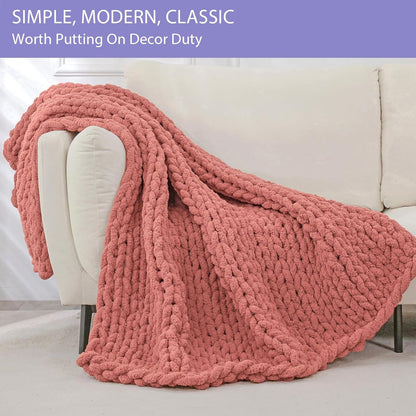 Bigacogo Chunky Knit Throw Blanket for Couch, 40x40 inches, 100% Hand Knitted with Thick Jumbo Chenille Yarn, Cozy Soft Large Rope Knot Cable Crochet Blankets for Sofa Bed Living Room, Antique Red