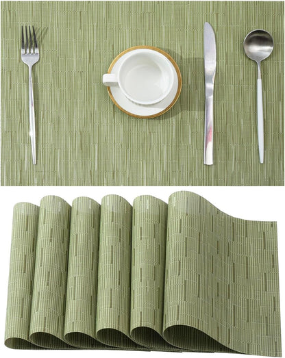 Leetaltree Pea Green Placemats Set of 6 - Heat Resistant Non-Slip Place mats for Dining Table, Washable Durable PVC Vinyl Woven Table Mats（Pea Green, 6）