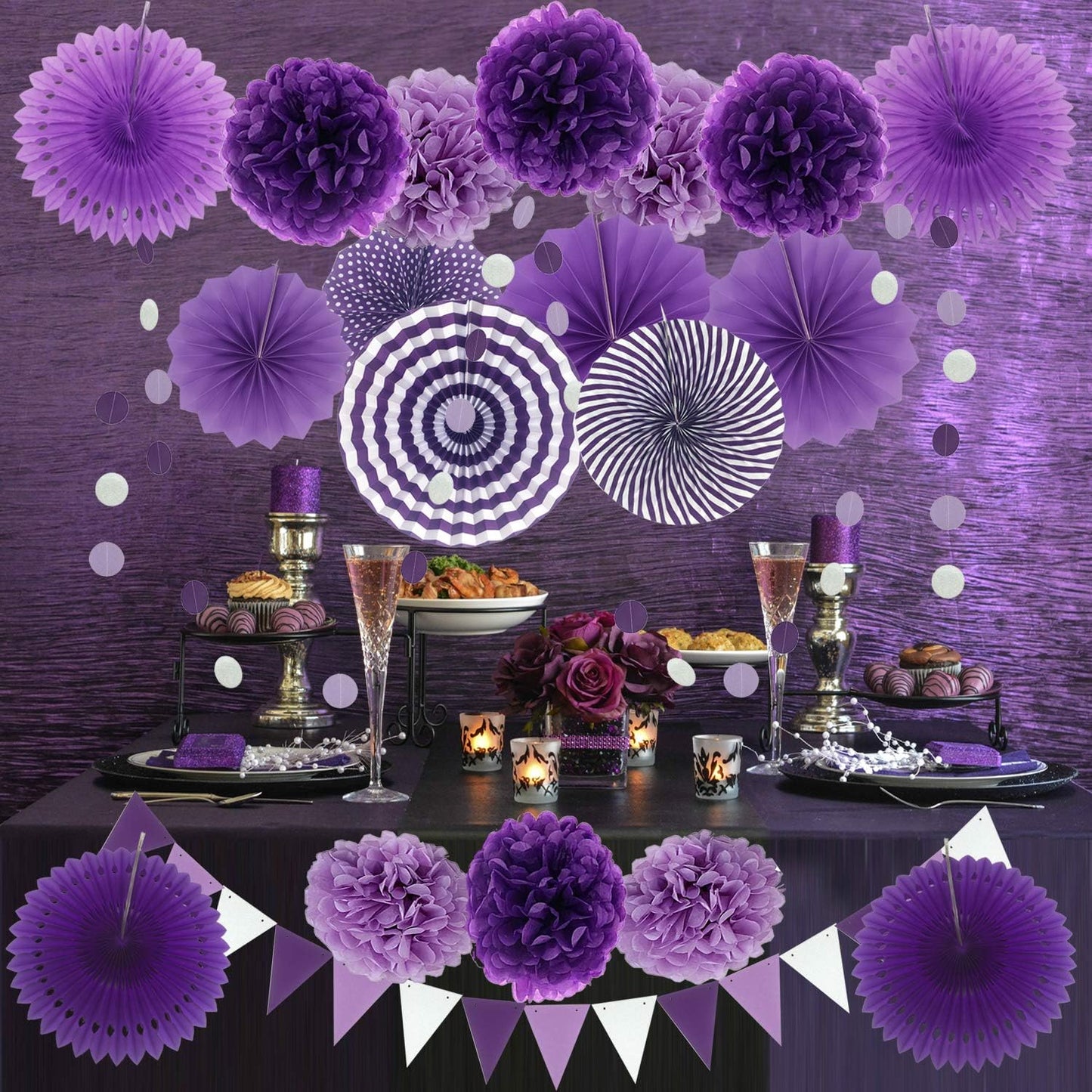 ZERODECO Party Decoration, 21 Pcs Purple and Lavender Hanging Paper Fans, Pom Poms Flowers, Garlands String Polka Dot and Triangle Bunting Flags for Birthday Parties, Wedding, Mermaid Party