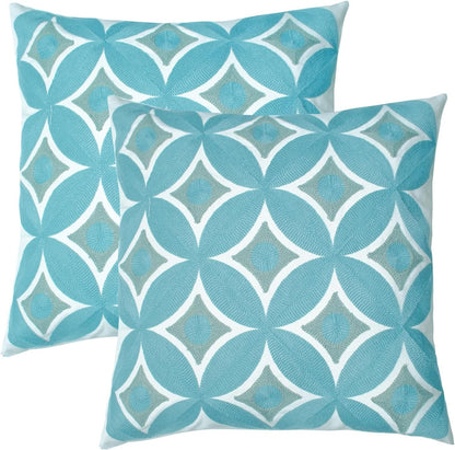 Embroidered Decorative Throw Pillow Cover, 18"x18" Set of 2, Farmhouse Pillowcase Blue Knit Pattern Cotton Canvas Cushion Case Square Floral Pillow Case for Sofa Couch Bed Living Room