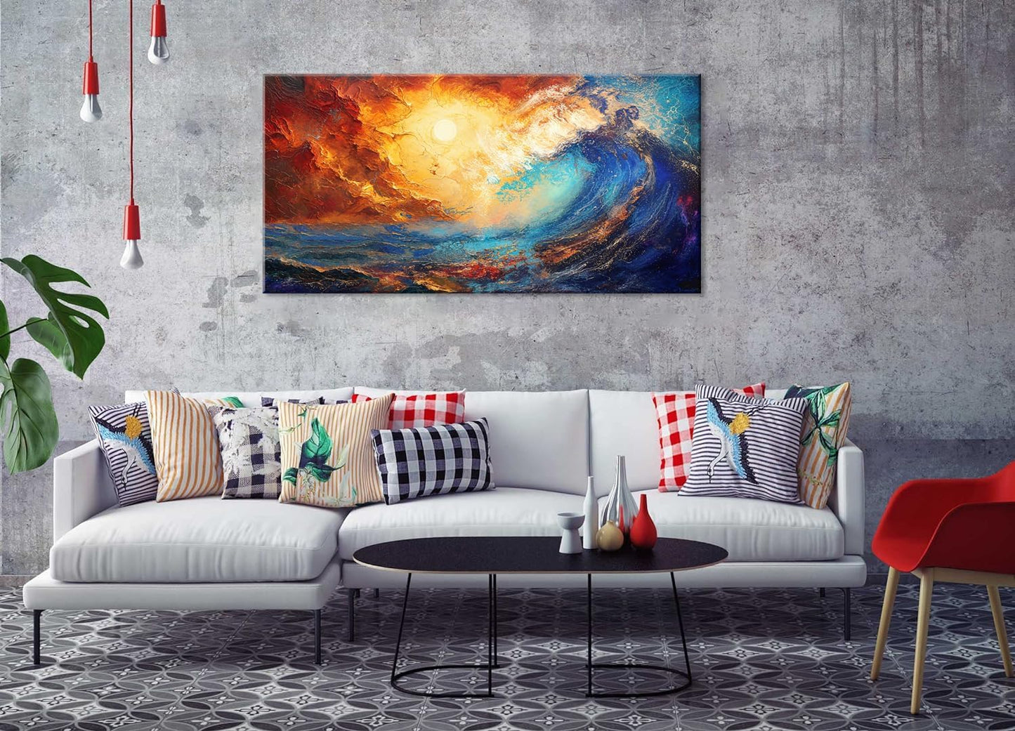 LASMOND Abstract Ocean Wall Art for Living Room Beautiful Blue Sea Wave Seawater Colorful Sky Landscape Wall Art Decor Artwork Bedroom Office (40 x 20 Inches)