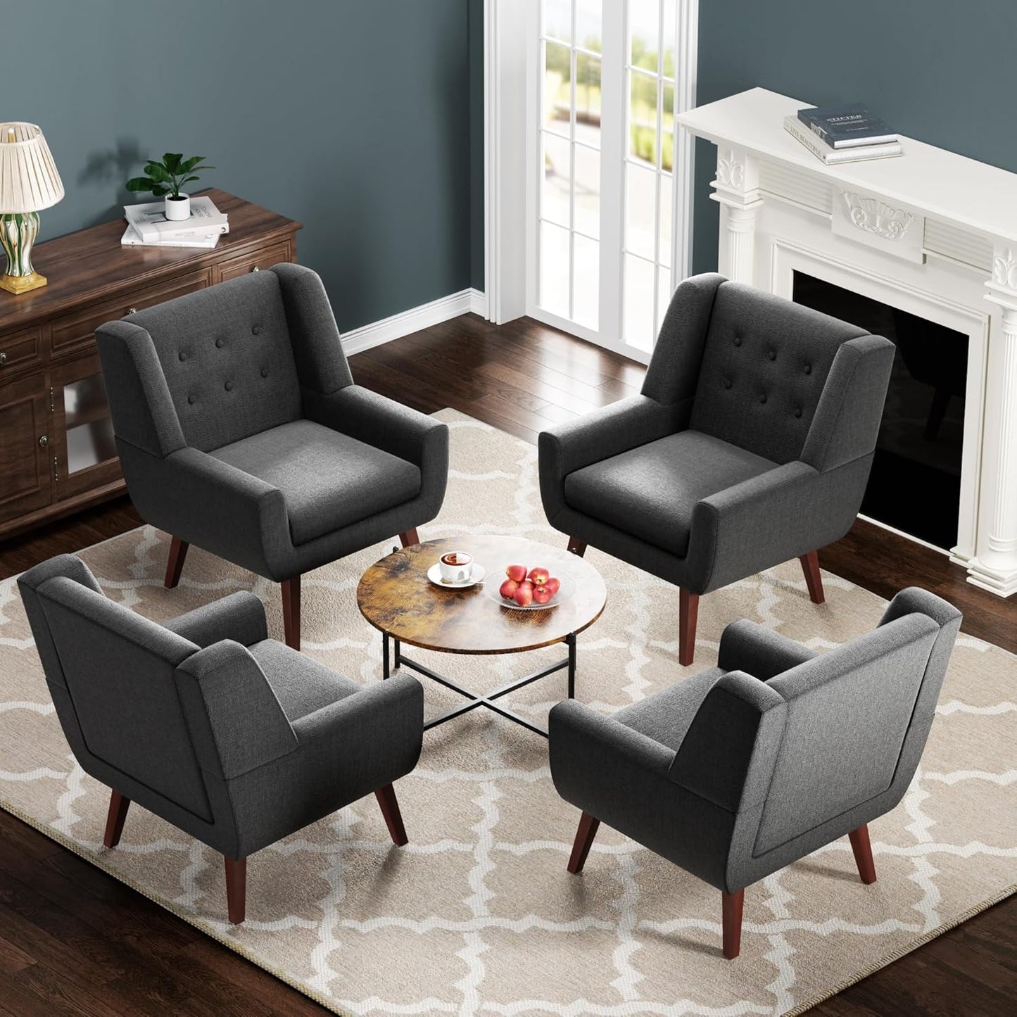 HUIMO Accent Chairs Set of 4, Upholstered Button Tufted Armchair, Linen Fabric Sofa Chairs for Bedroom, Living Room, Mid Century Modern Comfy Reading Chair (4, Grey)